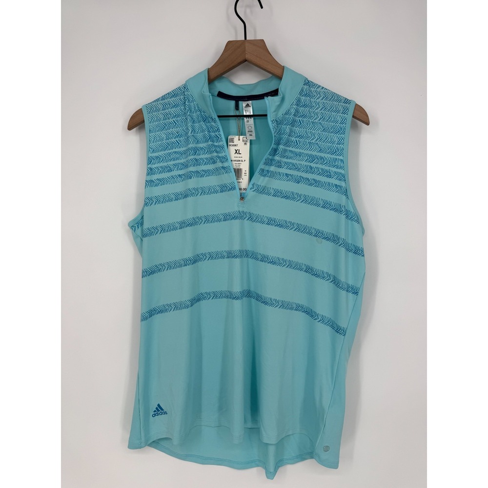 Adidas Polo Shirt Women XL Pulse Blue Herringbone Striped Sleeveless Quarter Zip - Picture 2 of 9